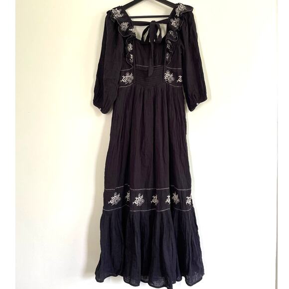 Free People Black Embroidered Boho Peasant Dress Size S/M NWT - Picture 4 of 10